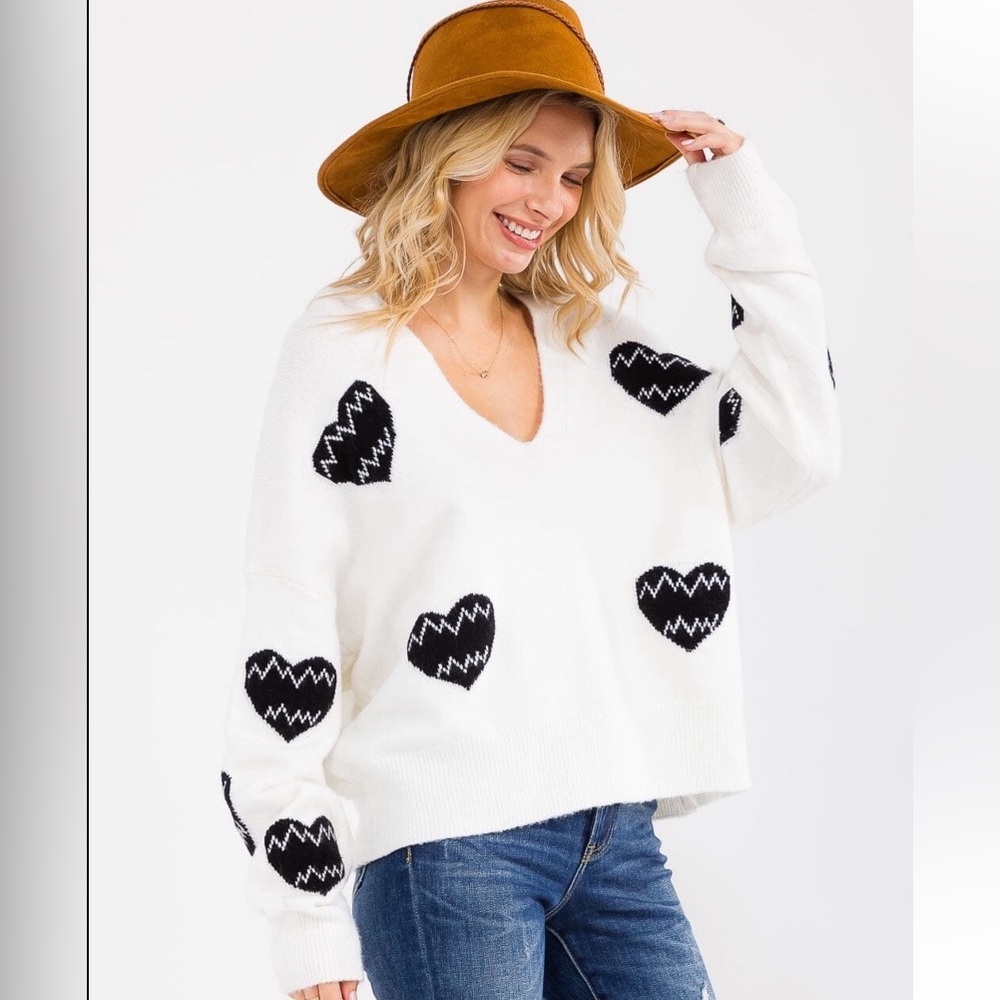 White and Black Heart Sweater